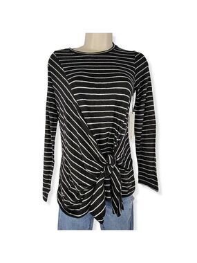 Gibson Striped Tie Front Fleece Sweater PXS